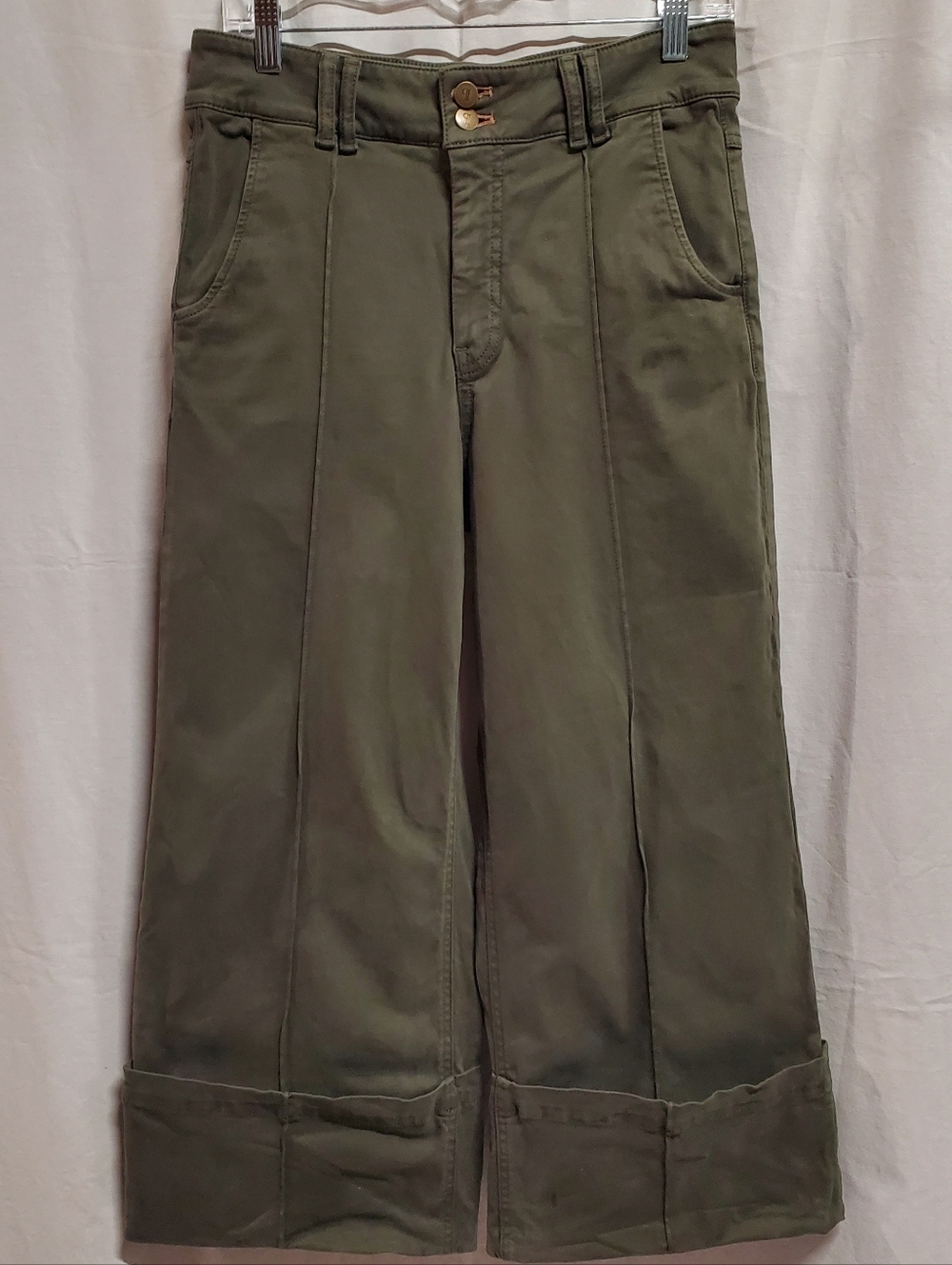 Anthropologie Pilcro olive green high rise wide leg cuffed crop pants 29 - Picture 3 of 13